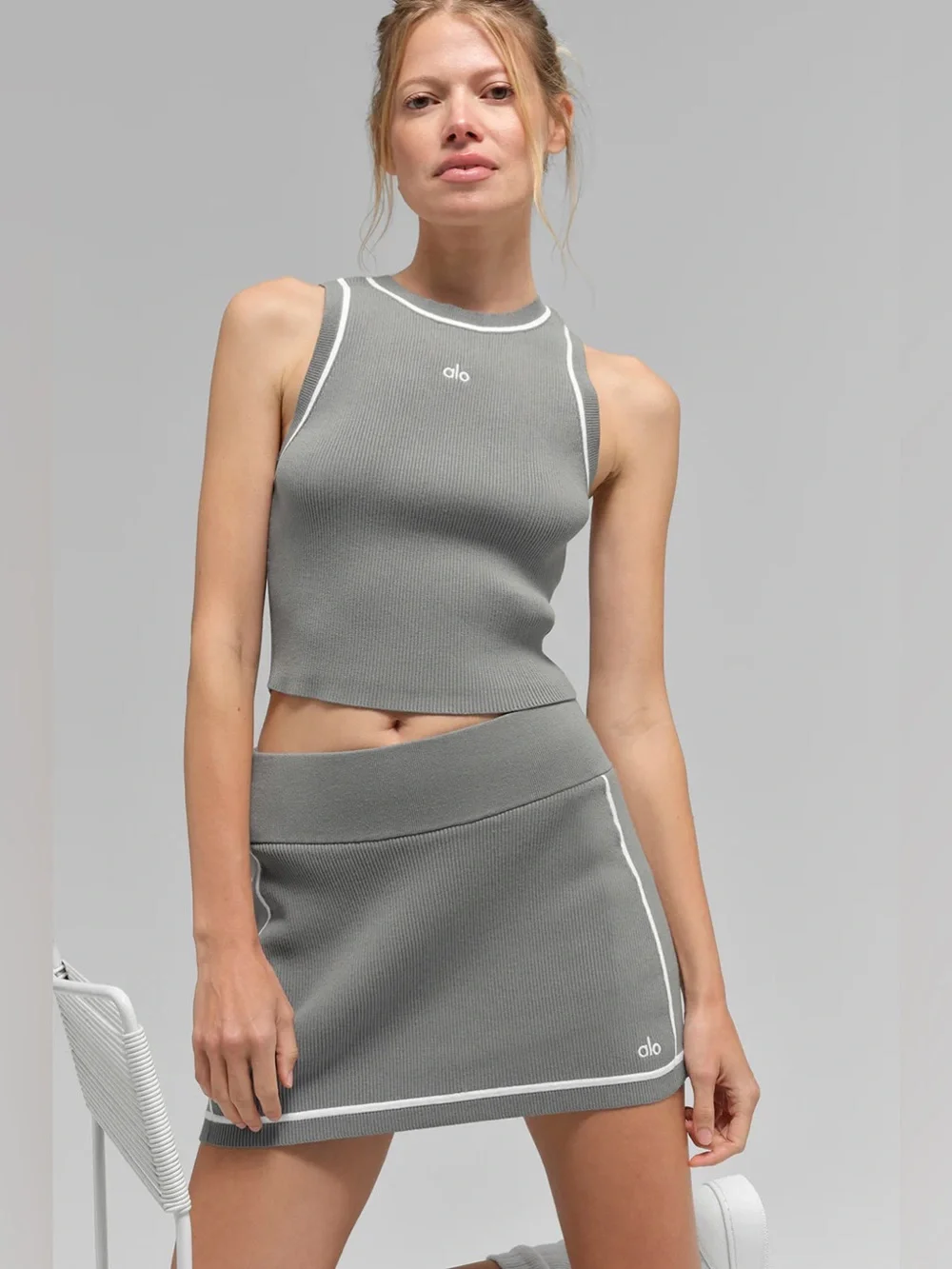 Alo Grey Ribbed Sweater Knit Highline Mini Skirt size small